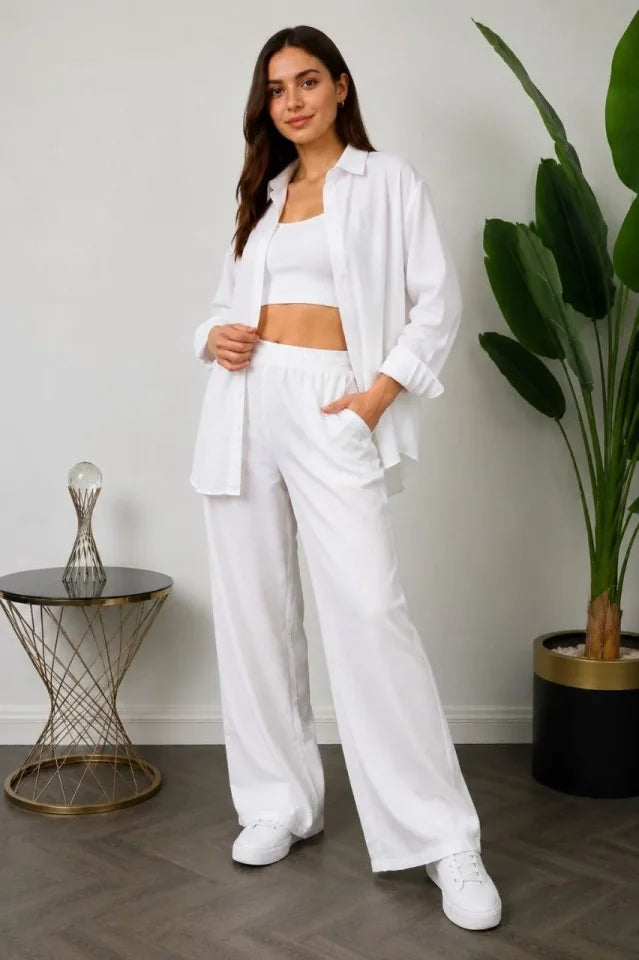 Sofya Keten Gömlek Pantolon Alt Üst Takım Uzun Kollu - Beyaz