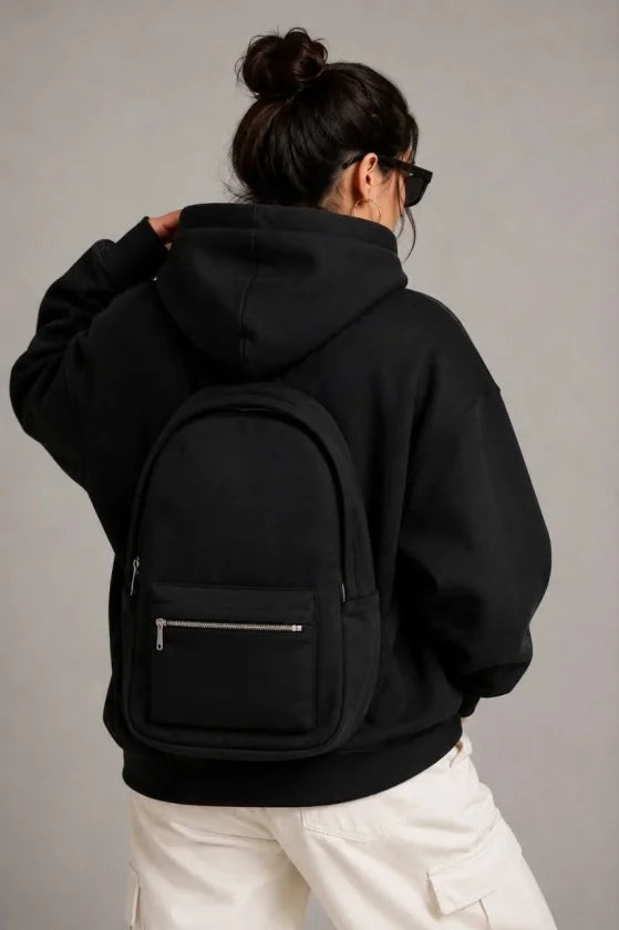 3 İplik Şardonlu Tam Fermuarlı Kapüşonlu Arka Çanta Detaylı Sweatshirt - Siyah