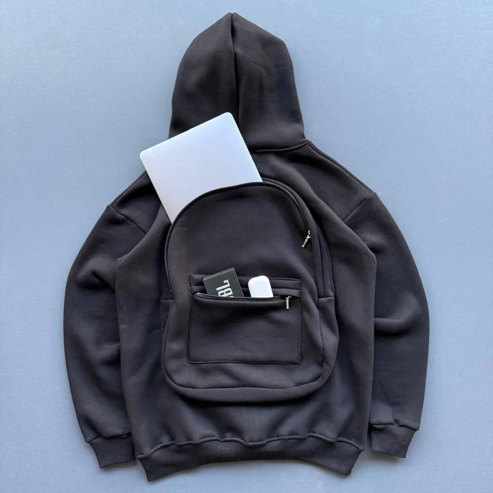3 İplik Şardonlu Tam Fermuarlı Kapüşonlu Arka Çanta Detaylı Sweatshirt - Siyah