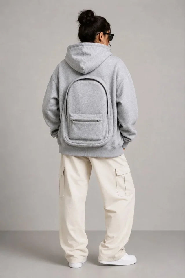 3 İplik Şardonlu Tam Fermuarlı Kapüşonlu Arka Çanta Detaylı Sweatshirt - Gri