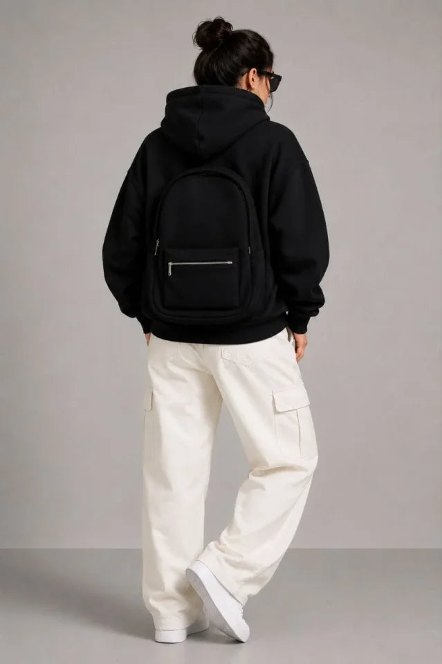 3 İplik Şardonlu Tam Fermuarlı Kapüşonlu Arka Çanta Detaylı Sweatshirt - Siyah