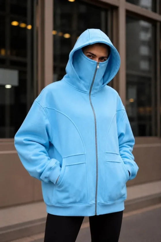 Maskeli Ninja Model Çift Kapüşonlu 3 İplik Şardonlu Fermuarlı Oversize Sweatshirt - Bebek Mavisi