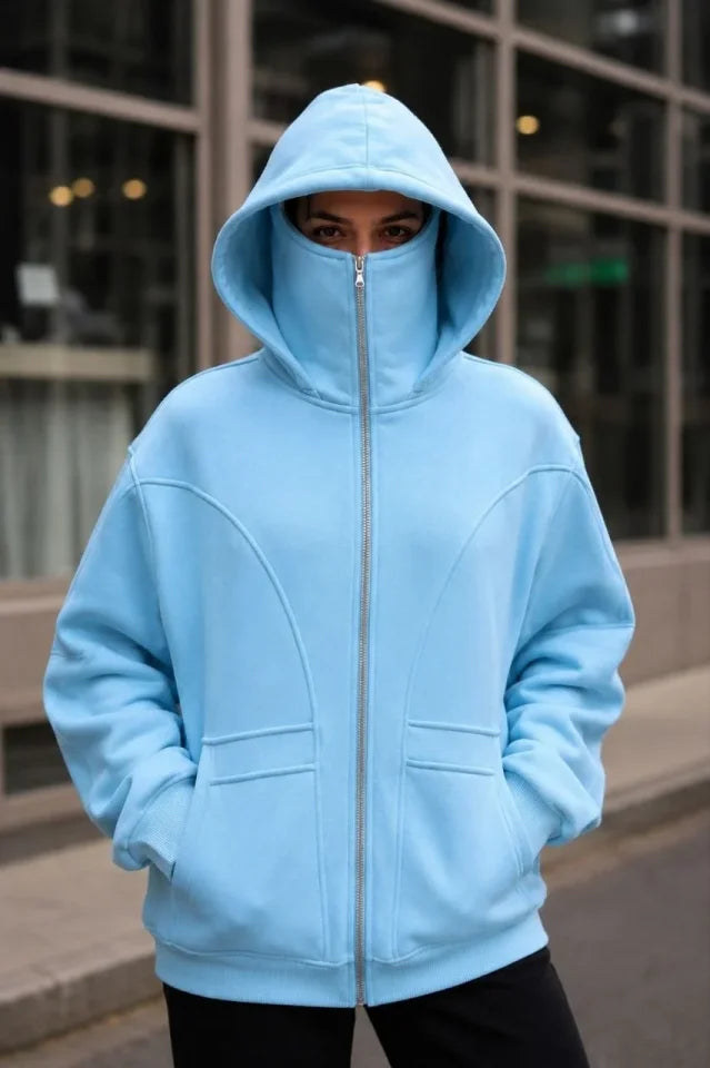 Maskeli Ninja Model Çift Kapüşonlu 3 İplik Şardonlu Fermuarlı Oversize Sweatshirt - Bebek Mavisi