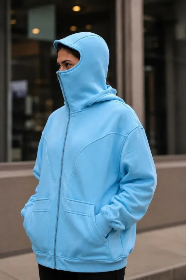 Maskeli Ninja Model Çift Kapüşonlu 3 İplik Şardonlu Fermuarlı Oversize Sweatshirt - Bebek Mavisi