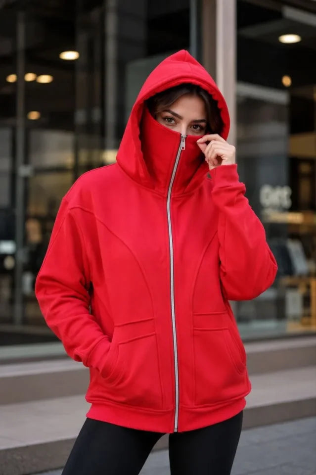 Maskeli Ninja Model Çift Kapüşonlu 3 İplik Şardonlu Fermuarlı Oversize Sweatshirt - Kırmızı