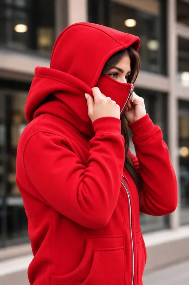 Maskeli Ninja Model Çift Kapüşonlu 3 İplik Şardonlu Fermuarlı Oversize Sweatshirt - Kırmızı