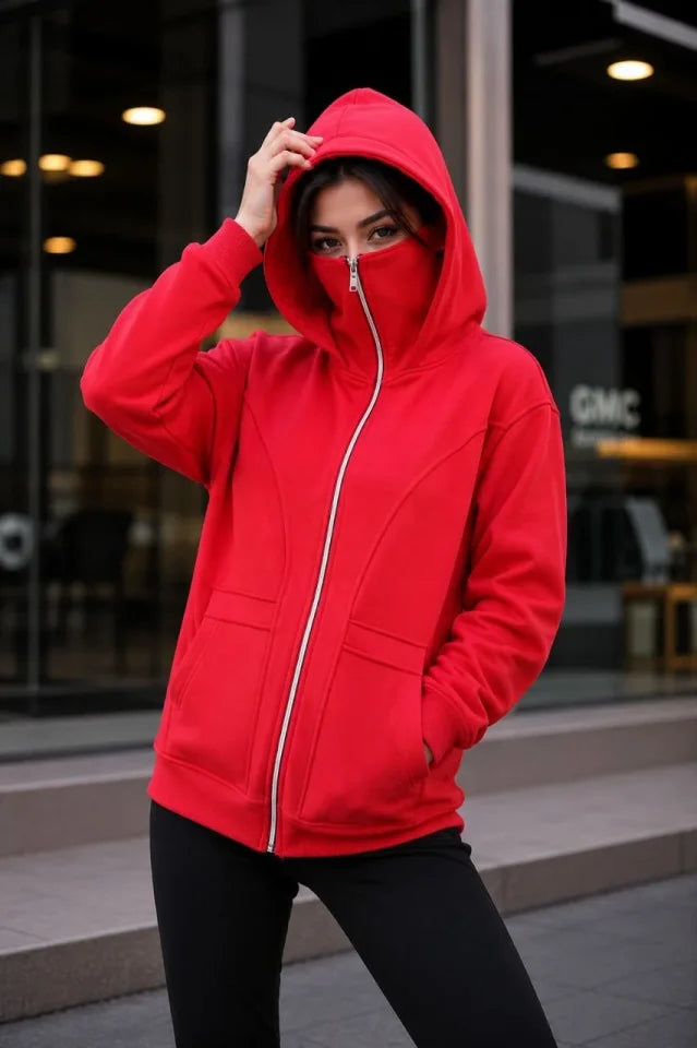 Maskeli Ninja Model Çift Kapüşonlu 3 İplik Şardonlu Fermuarlı Oversize Sweatshirt - Kırmızı