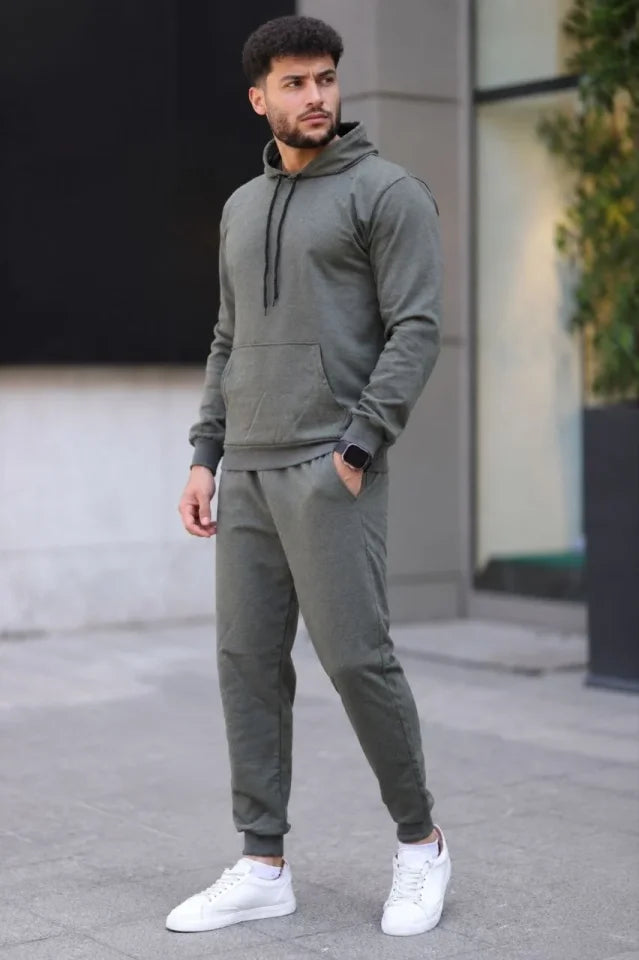 Erkek İki İplik Kapüşonlu Kanguru Cepli Sweatshirt Jogger Pantolon Alt Üst Eşofman Takımı - Haki