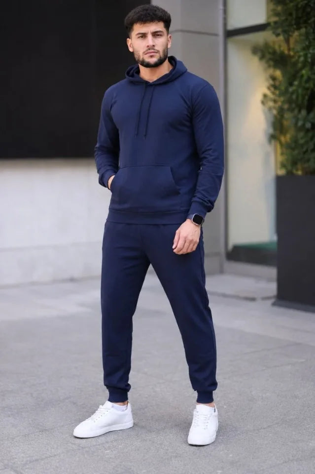 Erkek İki İplik Kapüşonlu Kanguru Cepli Sweatshirt Jogger Pantolon Alt Üst Eşofman Takımı - Lacivert