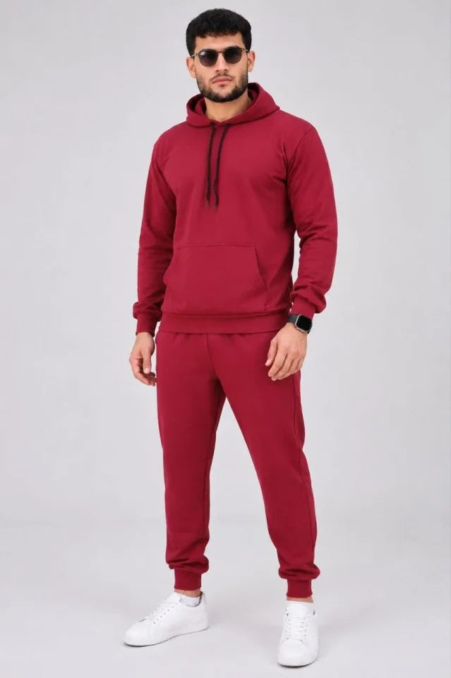 Erkek İki İplik Kapüşonlu Kanguru Cepli Sweatshirt Jogger Pantolon Alt Üst Eşofman Takımı -Bordo