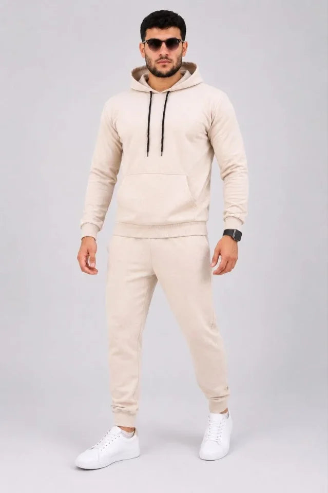 Erkek İki İplik Kapüşonlu Kanguru Cepli Sweatshirt Jogger Pantolon Alt Üst Eşofman Takımı -Bej