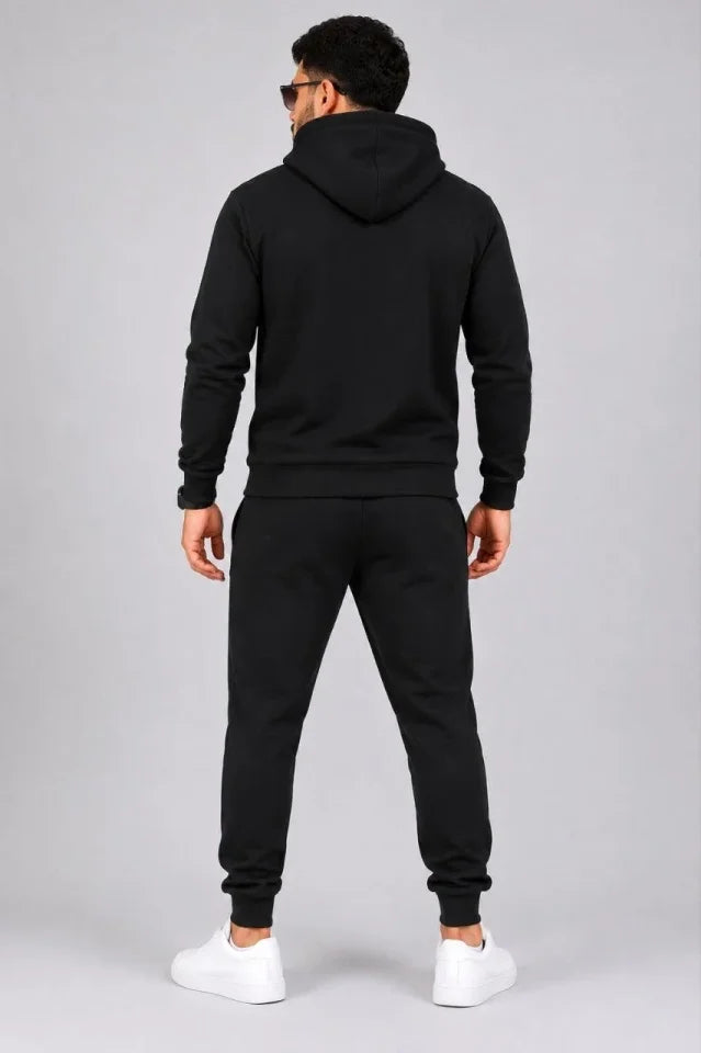 Erkek İki İplik Kapüşonlu Kanguru Cepli Sweatshirt Jogger Pantolon Alt Üst Eşofman Takımı -Siyah