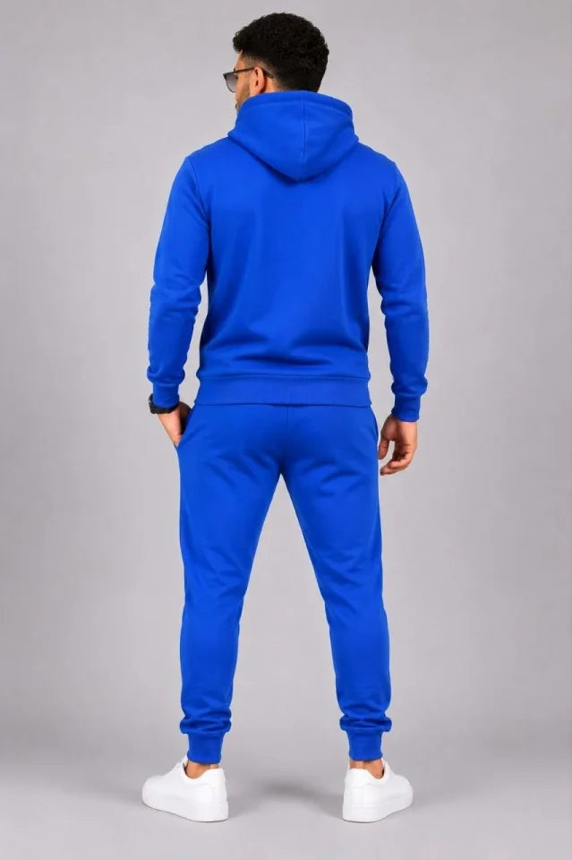 Erkek İki İplik Kapüşonlu Kanguru Cepli Sweatshirt Jogger Pantolon Alt Üst Eşofman Takımı -Saks Mavisi
