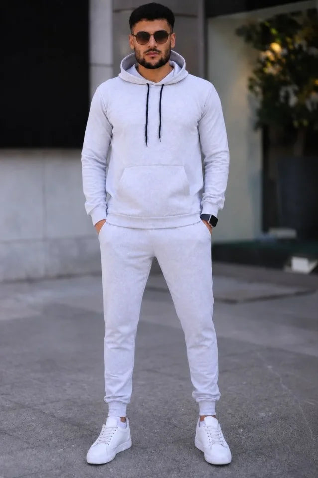 Erkek İki İplik Kapüşonlu Kanguru Cepli Sweatshirt Jogger Pantolon Alt Üst Eşofman Takımı -Beyaz
