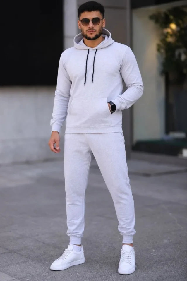 Erkek İki İplik Kapüşonlu Kanguru Cepli Sweatshirt Jogger Pantolon Alt Üst Eşofman Takımı -Beyaz