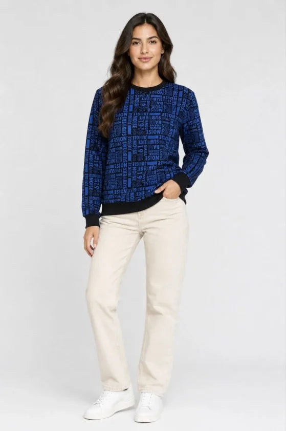 Siyah Mavi Yazı Desenli İki İplik Şardonlu Sweatshirt