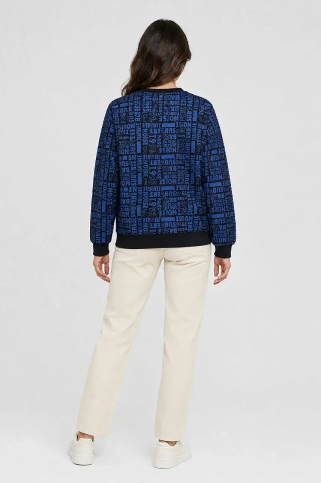 Siyah Mavi Yazı Desenli İki İplik Şardonlu Sweatshirt