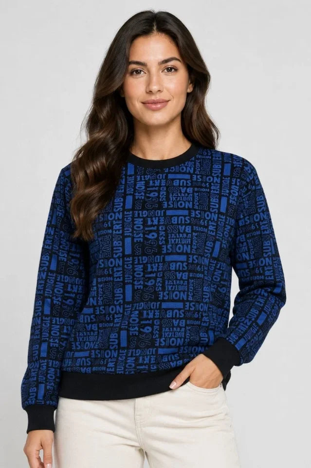 Siyah Mavi Yazı Desenli İki İplik Şardonlu Sweatshirt