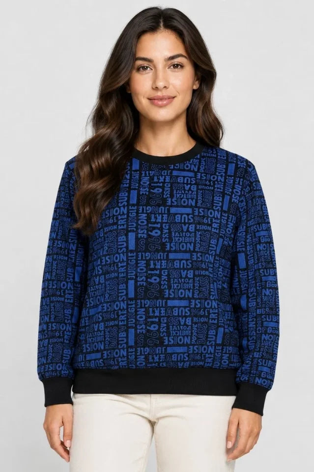 Siyah Mavi Yazı Desenli İki İplik Şardonlu Sweatshirt