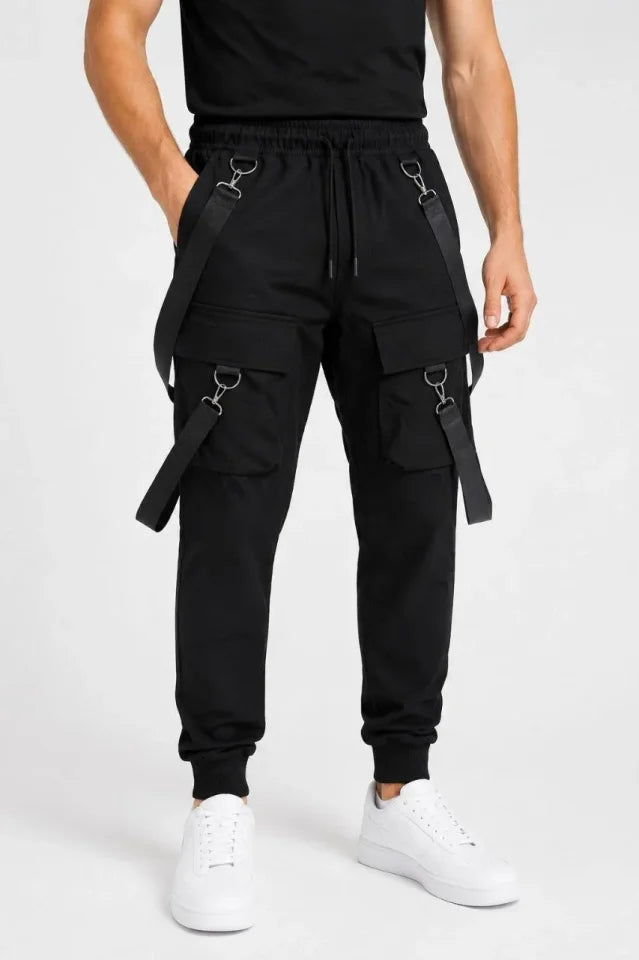 Erkek Techwear Şerit Aksesuarlı Ön Kapak Cep Detaylı Jogger Eşofman Altı - Siyah