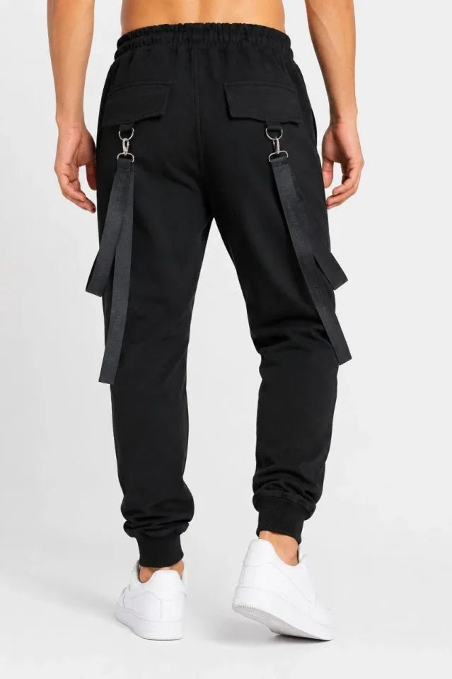 Erkek Techwear Şerit Aksesuarlı Ön Kapak Cep Detaylı Jogger Eşofman Altı - Siyah