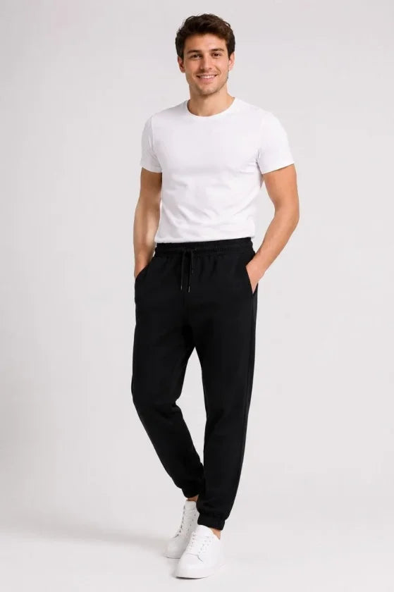 Erkek İki İplik Beli Lastikli Bağcıklı Regular Fit Jogger Eşofman Altı - Siyah