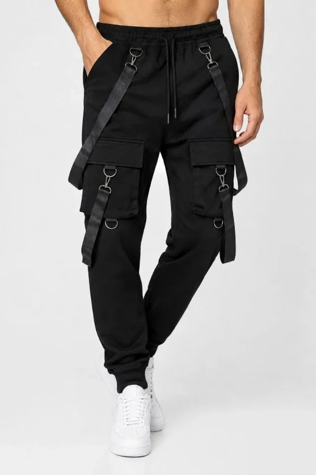Erkek Techwear Şerit Aksesuarlı Ön Kapak Cep Detaylı Jogger Eşofman Altı - Siyah