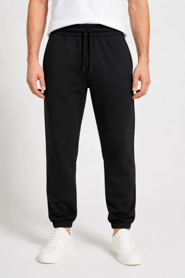 Erkek İki İplik Beli Lastikli Bağcıklı Regular Fit Jogger Eşofman Altı - Siyah