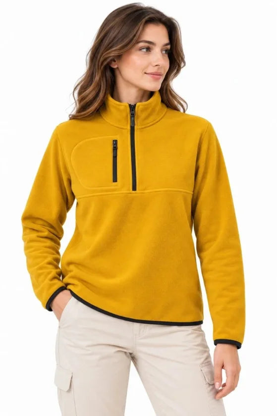 Polar Dik Yaka Yarım Fermuarlı Fermuarlı Göğüs Cepli Regular Fit Kışlık Sweatshirt - Hardal Sarısı