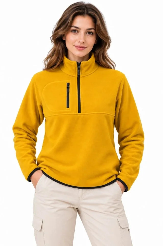 Polar Dik Yaka Yarım Fermuarlı Fermuarlı Göğüs Cepli Regular Fit Kışlık Sweatshirt - Hardal Sarısı