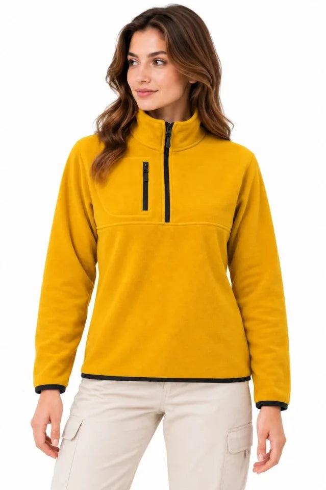 Polar Dik Yaka Yarım Fermuarlı Fermuarlı Göğüs Cepli Regular Fit Kışlık Sweatshirt - Hardal Sarısı
