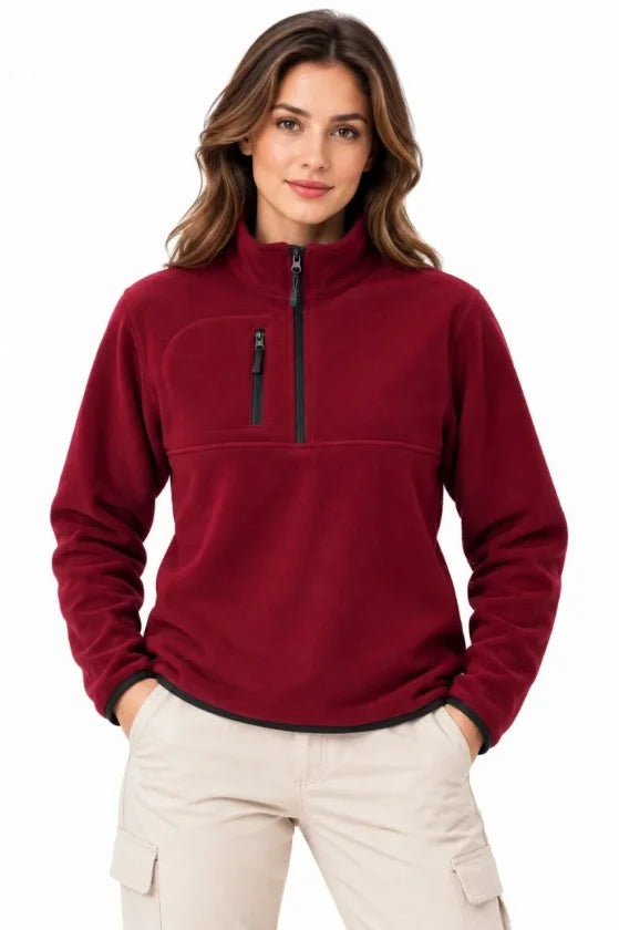 Polar Dik Yaka Yarım Fermuarlı Fermuarlı Göğüs Cepli Regular Fit Kışlık Sweatshirt - Bordo