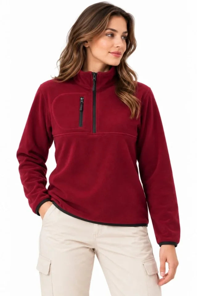 Polar Dik Yaka Yarım Fermuarlı Fermuarlı Göğüs Cepli Regular Fit Kışlık Sweatshirt - Bordo