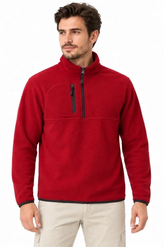 Erkek Polar Dik Yaka Yarım Fermuarlı Fermuarlı Göğüs Cepli Regular Fit Kışlık Sweatshirt - Bordo