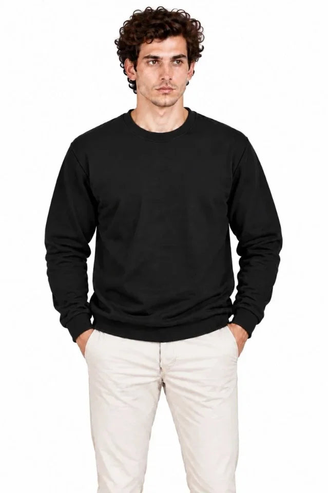 Erkek Bisiklet Yaka İçi Şardonlu 2 İplik Düz Uzun Kollu Regular Fit Sweatshirt - Siyah