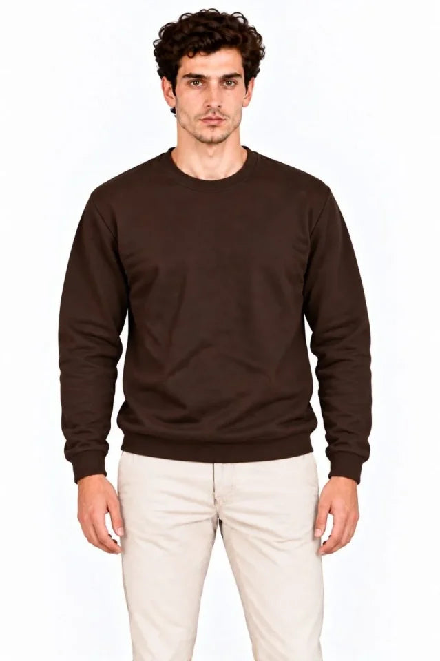 Erkek Bisiklet Yaka İçi Şardonlu 2 İplik Düz Uzun Kollu Regular Fit Sweatshirt - Kahverengi