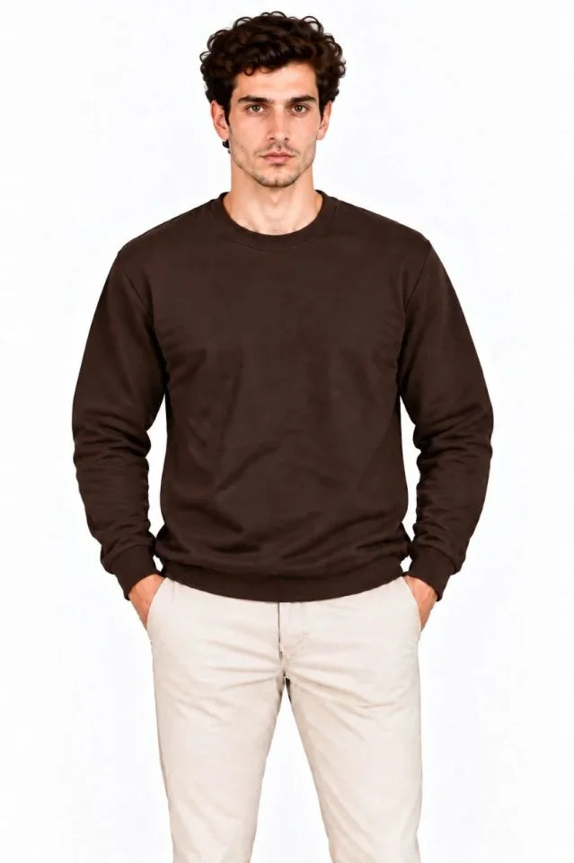 Erkek Bisiklet Yaka İçi Şardonlu 2 İplik Düz Uzun Kollu Regular Fit Sweatshirt - Kahverengi