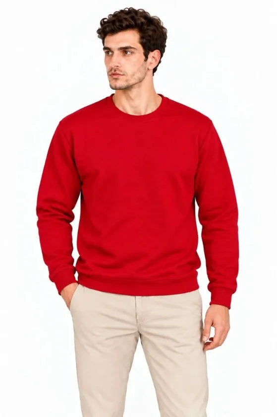Erkek Bisiklet Yaka İçi Şardonlu 2 İplik Düz Uzun Kollu Regular Fit Sweatshirt - Kırmızı