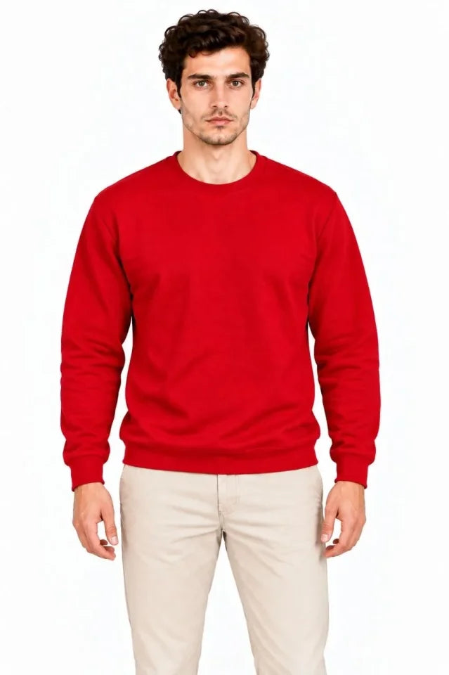 Erkek Bisiklet Yaka İçi Şardonlu 2 İplik Düz Uzun Kollu Regular Fit Sweatshirt - Kırmızı