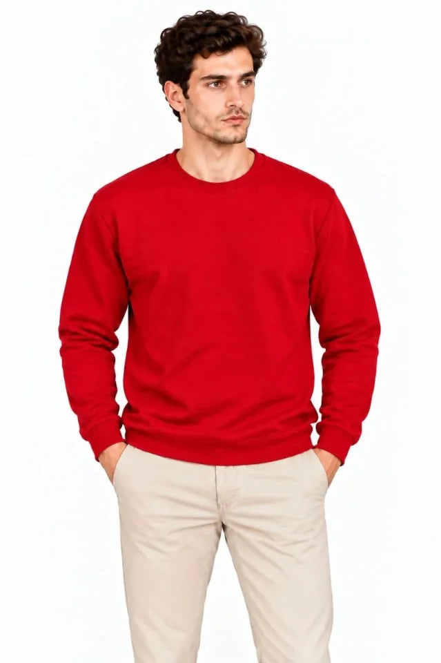 Erkek Bisiklet Yaka İçi Şardonlu 2 İplik Düz Uzun Kollu Regular Fit Sweatshirt - Kırmızı
