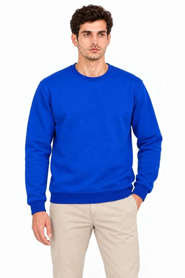 Erkek Bisiklet Yaka İçi Şardonlu 2 İplik Düz Uzun Kollu Regular Fit Sweatshirt - Mavi