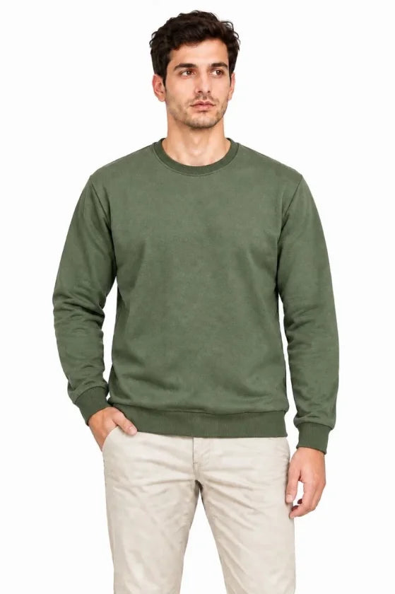 Erkek Bisiklet Yaka İçi Şardonlu 2 İplik Düz Uzun Kollu Regular Fit Sweatshirt -Haki
