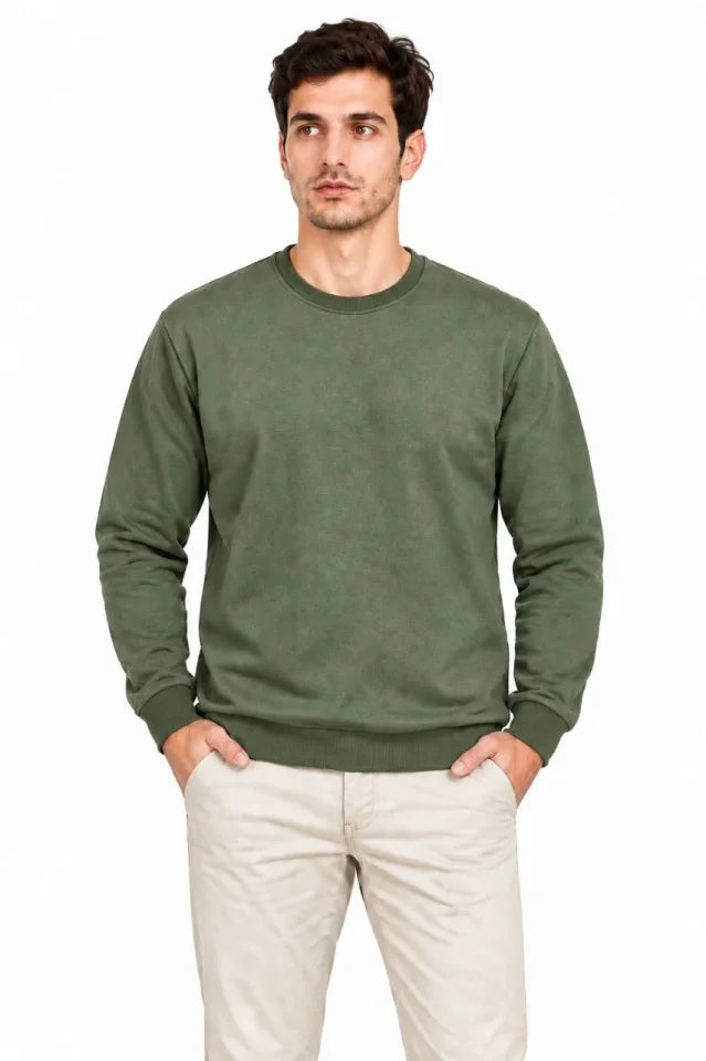 Erkek Bisiklet Yaka İçi Şardonlu 2 İplik Düz Uzun Kollu Regular Fit Sweatshirt -Haki