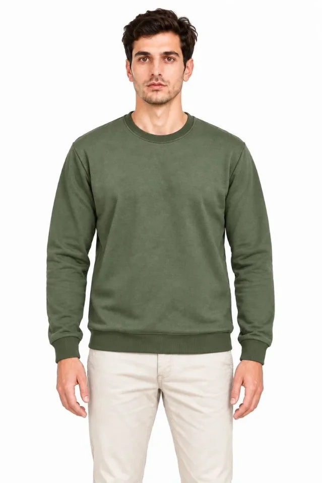 Erkek Bisiklet Yaka İçi Şardonlu 2 İplik Düz Uzun Kollu Regular Fit Sweatshirt -Haki