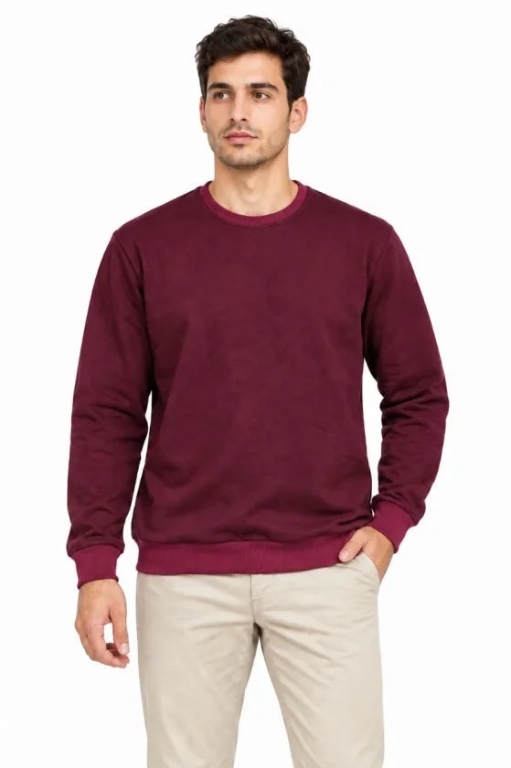 Erkek Bisiklet Yaka İçi Şardonlu 2 İplik Düz Uzun Kollu Regular Fit Sweatshirt -Bordo