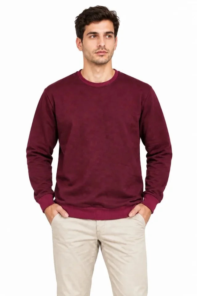 Erkek Bisiklet Yaka İçi Şardonlu 2 İplik Düz Uzun Kollu Regular Fit Sweatshirt -Bordo