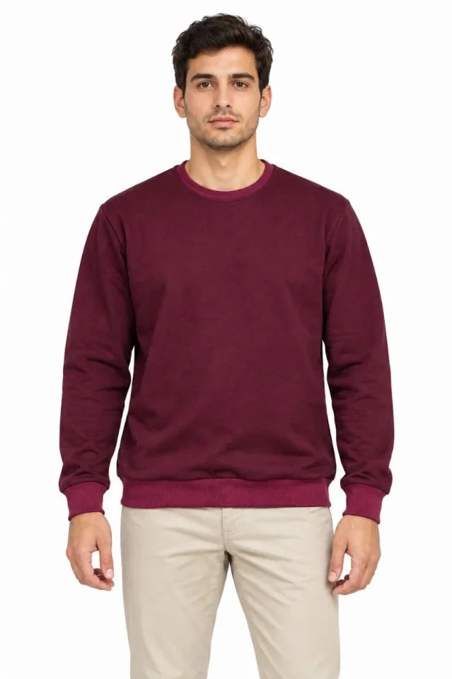 Erkek Bisiklet Yaka İçi Şardonlu 2 İplik Düz Uzun Kollu Regular Fit Sweatshirt -Bordo
