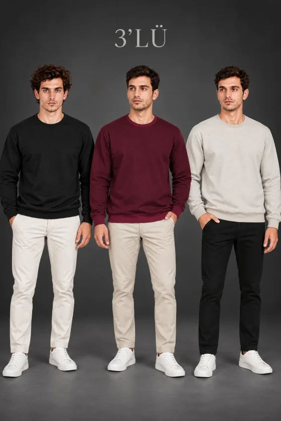 Erkek 3Lü Bisiklet Yaka İçi Şardonlu 2 İplik Düz Uzun Kollu Regular Fit Sweatshirt - Siyah - Bordo - Gri