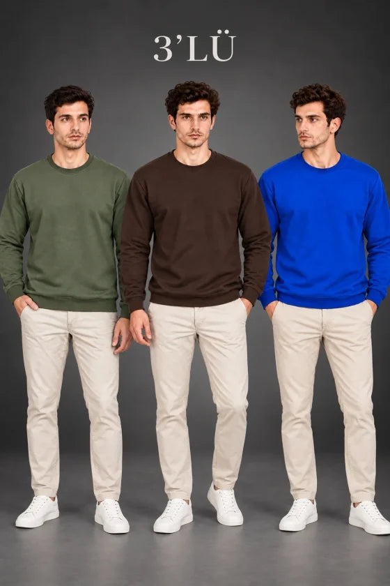 Erkek 3Lü Bisiklet Yaka İçi Şardonlu 2 İplik Düz Uzun Kollu Regular Fit Sweatshirt - Haki - Kahverengi - Mavi