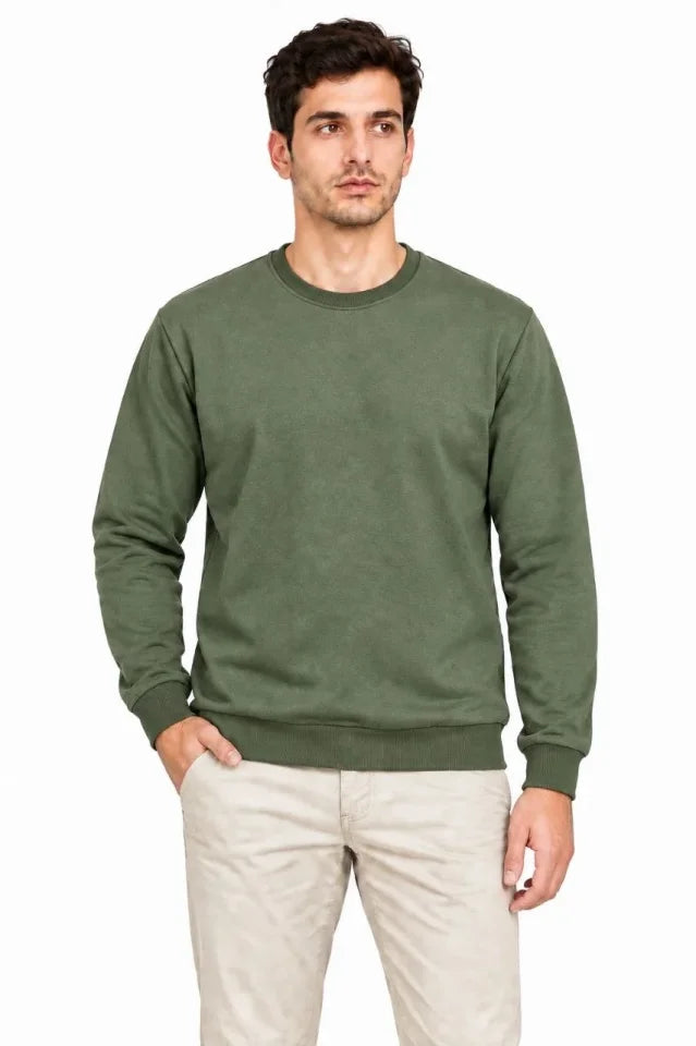 Erkek 3Lü Bisiklet Yaka İçi Şardonlu 2 İplik Düz Uzun Kollu Regular Fit Sweatshirt - Haki - Kahverengi - Mavi